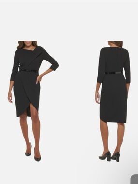 NWOT Calvin Klein Black Wrap-Front Midi Dress with Belt